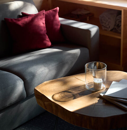 Eine graue Couch mit roten Kissen und einem Couchtisch davor, das Licht fällt durch die Bäume auf die Couch. Zu sehen ist ein Zimmer des Baumhotels.